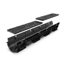 Load image into Gallery viewer, 4" Plastic high-edge trench drain (BASE 100P-HE), ductile cast iron grate ADA/Heelproof, C class