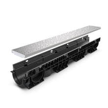 Load image into Gallery viewer, 4" Plastic trench drain (BASE 100P-HE), stainless grate perforated (round holes), C Class