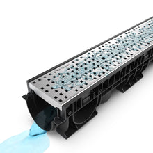 Load image into Gallery viewer, 4" Plastic trench drain (BASE 100P-HE), stainless grate perforated (square holes), B Class