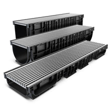 Load image into Gallery viewer, 8" Plastic trench drain (BASE 200P), galvanized steel grate, (ADA/Heelproof) A class