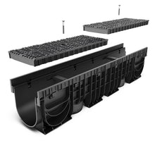 Load image into Gallery viewer, 6" Plastic high-edge trench drain (BASE 150P-HE), ductile cast iron grate (ADA/Heelproof)

